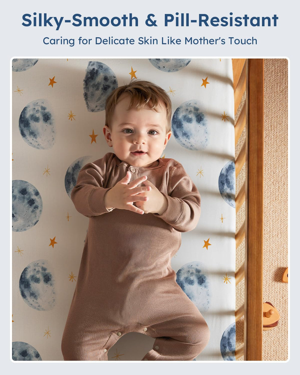 Unnivoll mini crib sheet demonstrating 38x26 fit on a standard mattress.