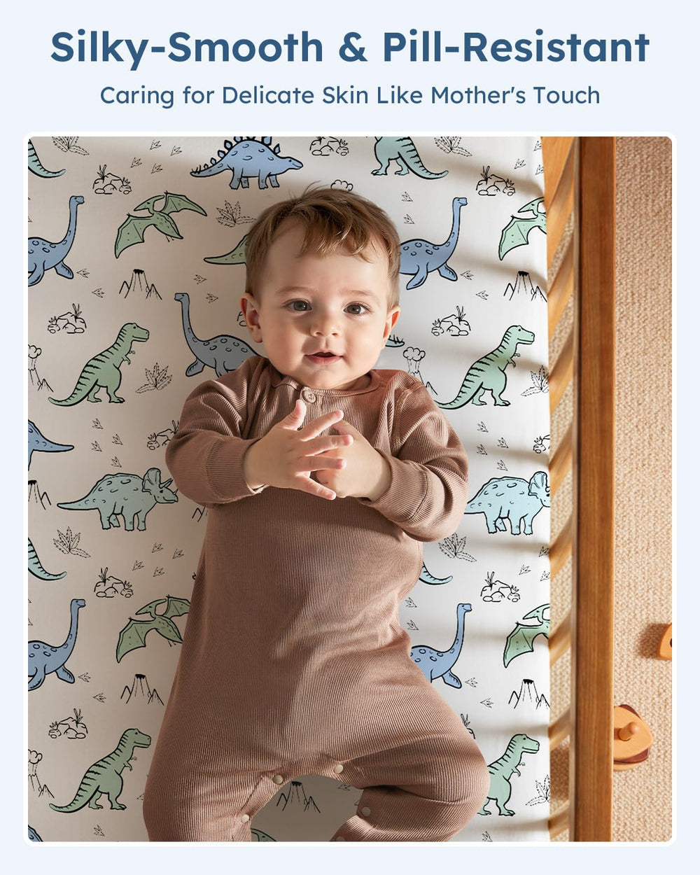 Unnivoll mini crib sheet shows elastic band for quick, snug installation on a pack n play.