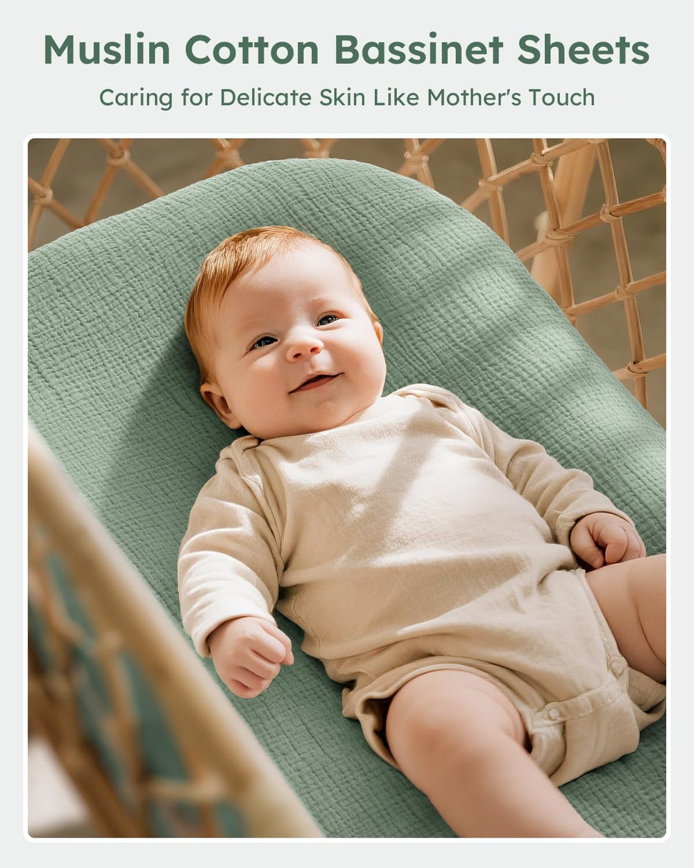 Unnivoll muslin bassinet sheets close-up highlights breathable fabric and gentle skin feel.