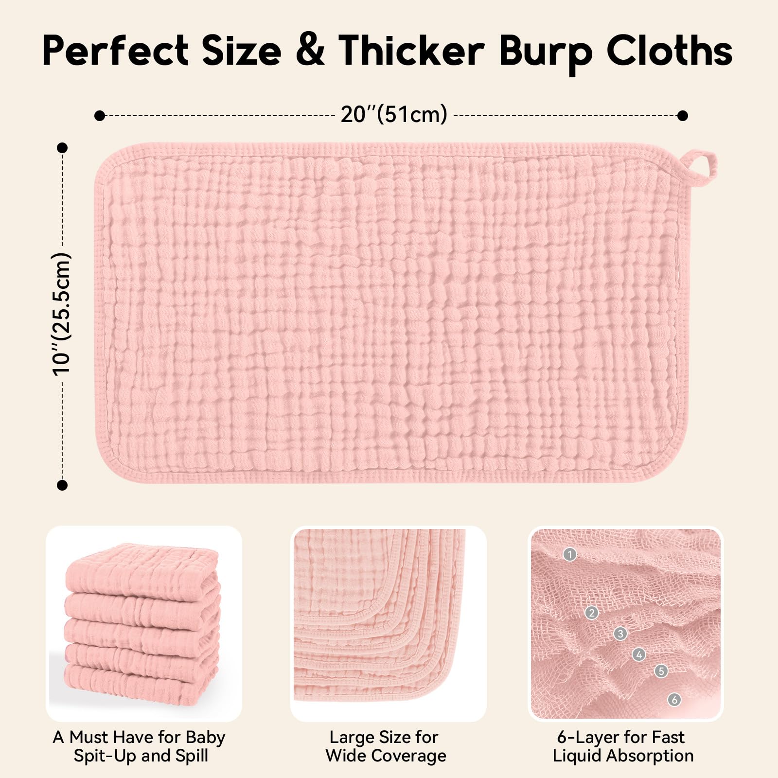 Unnivoll muslin burp cloth 20x10 inches provides large coverage for mess-prone moments.