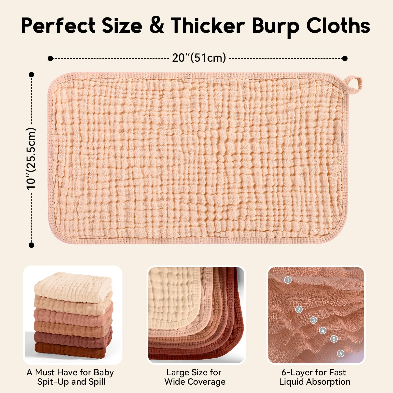 Unnivoll muslin burp cloths measure 20x10 inches for full coverage.