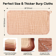 Unnivoll muslin burp cloths measure 20x10 inches for full coverage.