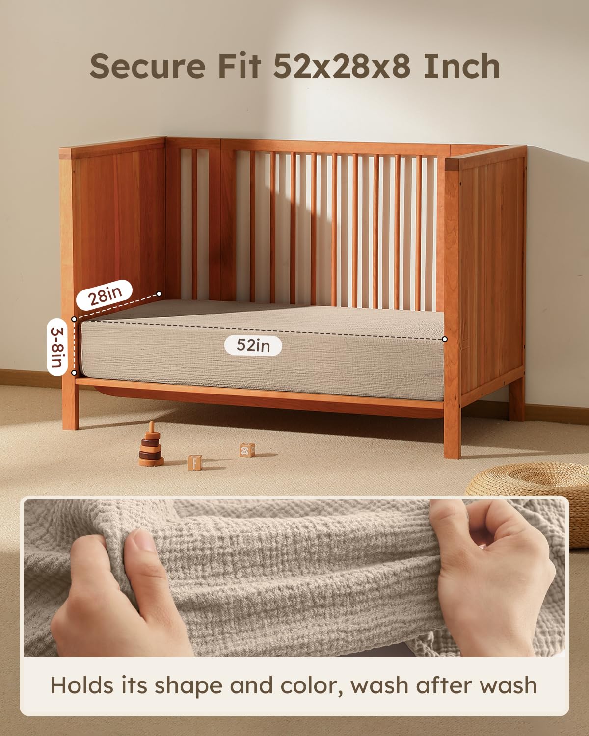 Unnivoll Muslin Crib Sheets highlighting a 360-degree elastic hem for quick sheet changes.