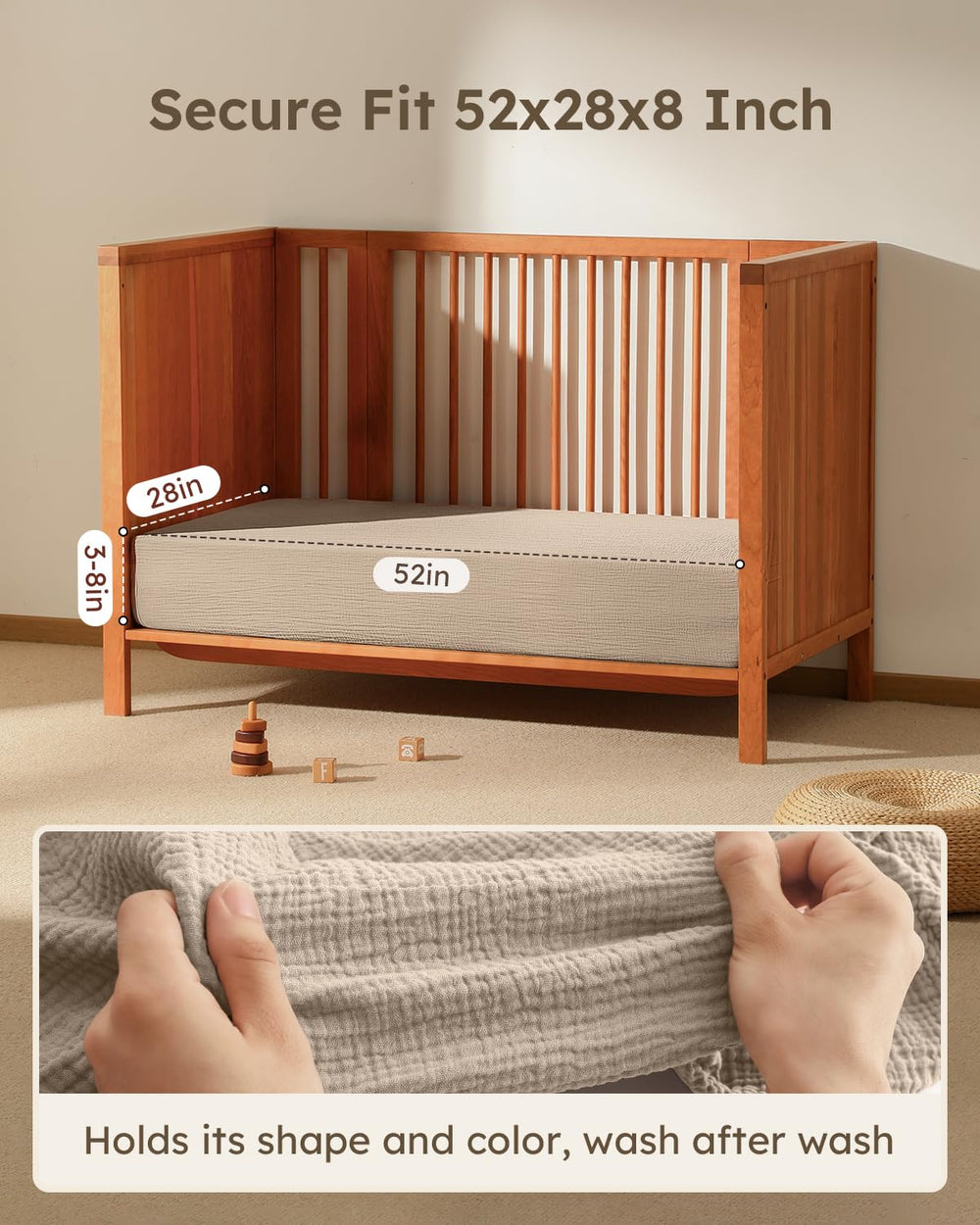 Unnivoll Muslin Crib Sheets highlighting a 360-degree elastic hem for quick sheet changes.