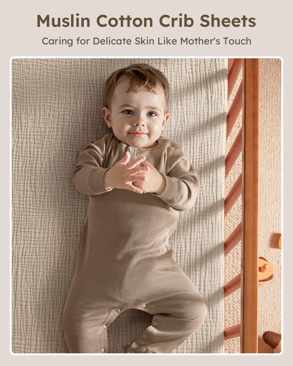 Unnivoll Muslin Crib Sheets on a standard crib mattress demonstrating secure 360-degree elastic fit.