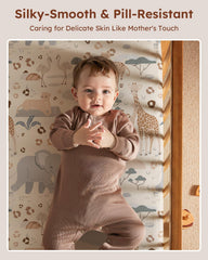Unnivoll pack and play sheets on mattress demonstrating secure fit for travel naps