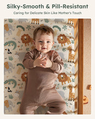 Unnivoll pack-n-play sheet apricot lion print closeup, highlighting breathable fabric