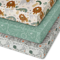 Unnivoll pack-n-play sheet green lion print closeup, showcasing a soft microfiber and snug fit