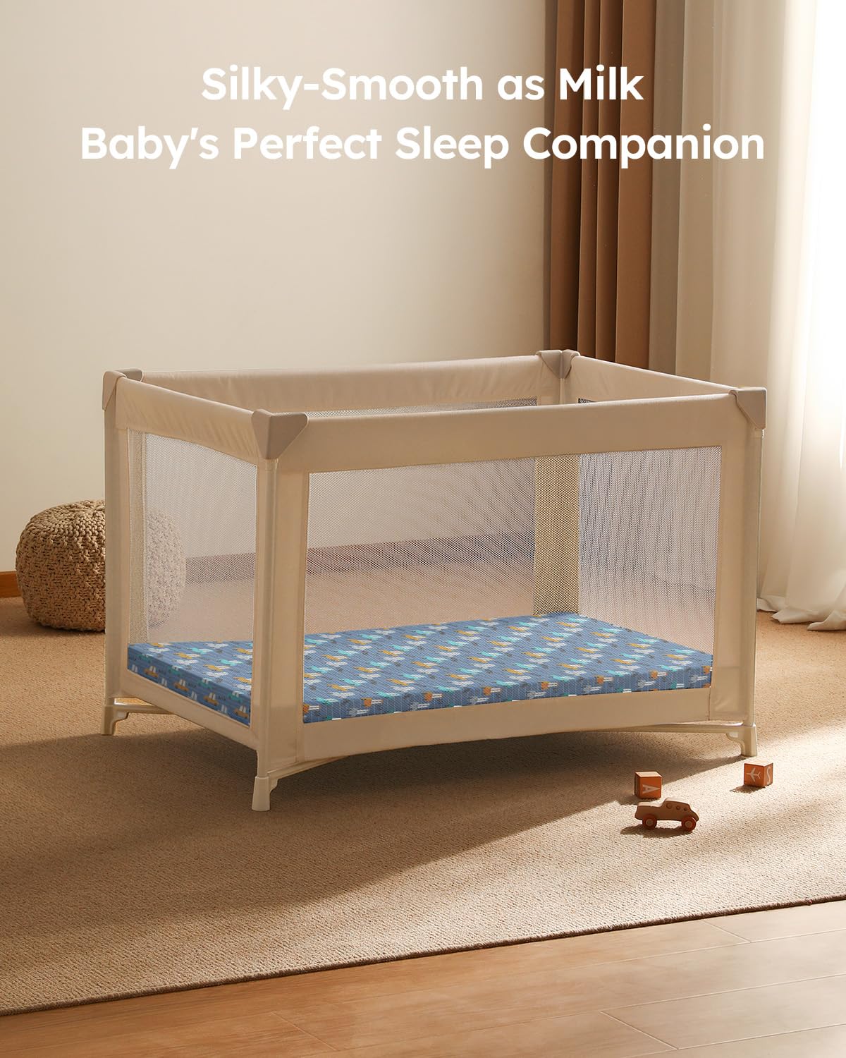 Unnivoll mini-crib mattress sheets keep playard surfaces tidy during naps.