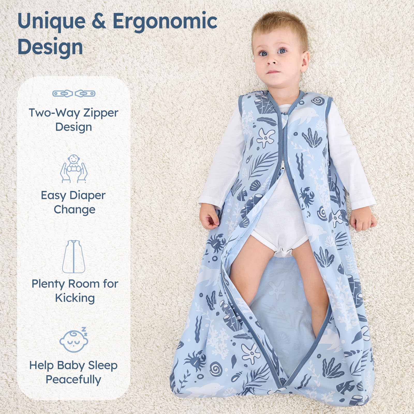 Unnivoll sleep sack 0.5 tog blue dolphin for lightweight warmth.