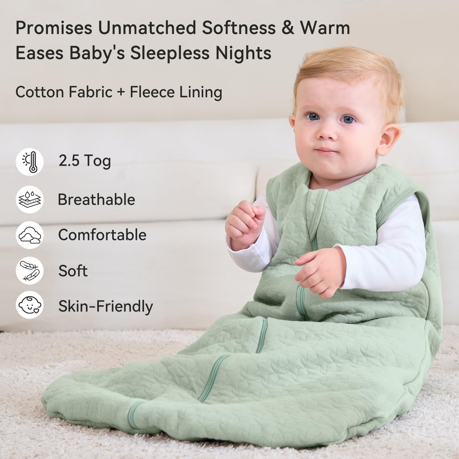 Unnivoll sleep sack close-up shows smooth 2-way zipper for easy nighttime changes.