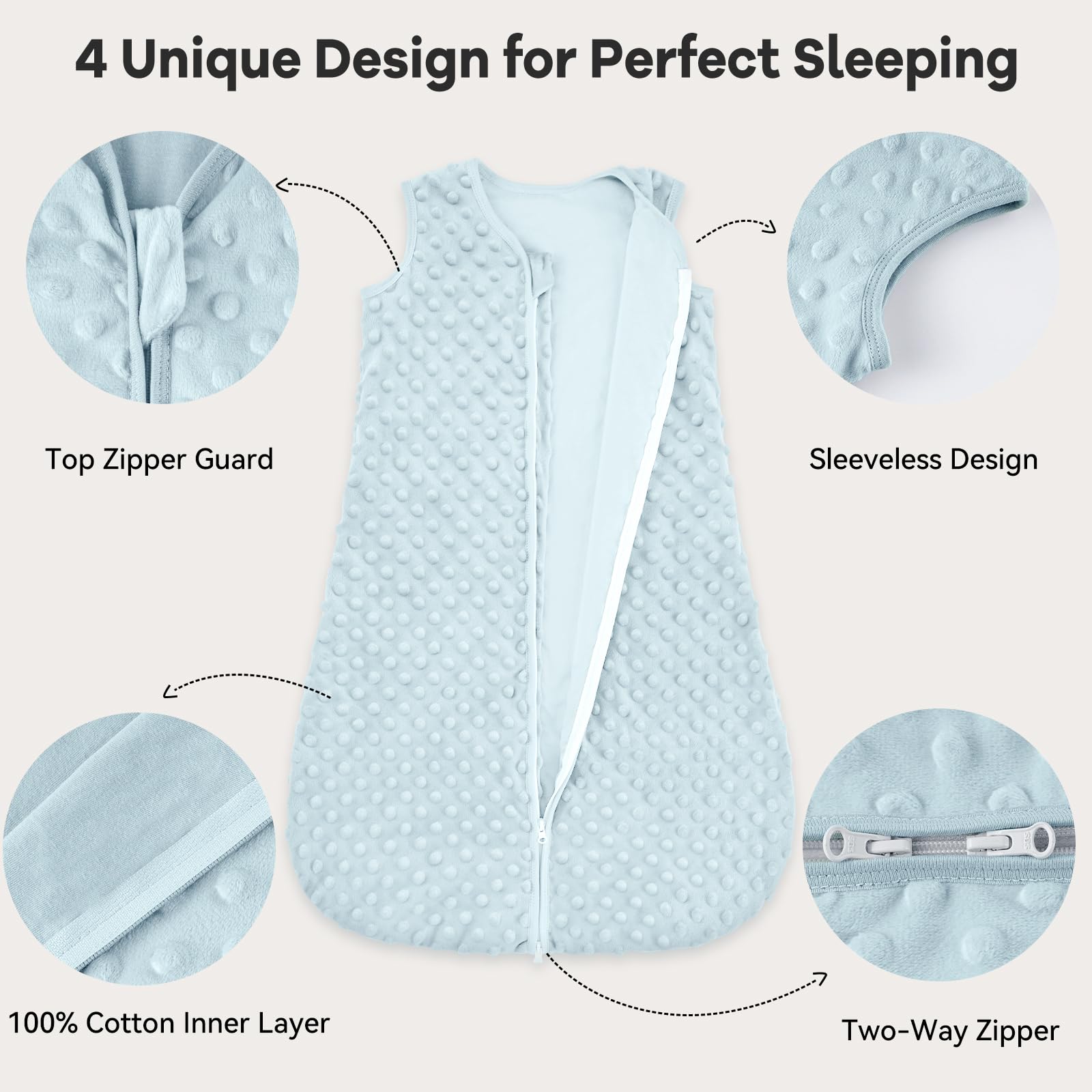 Unnivoll sleep sack chin-protector guards against zipper irritation for gentle nights.