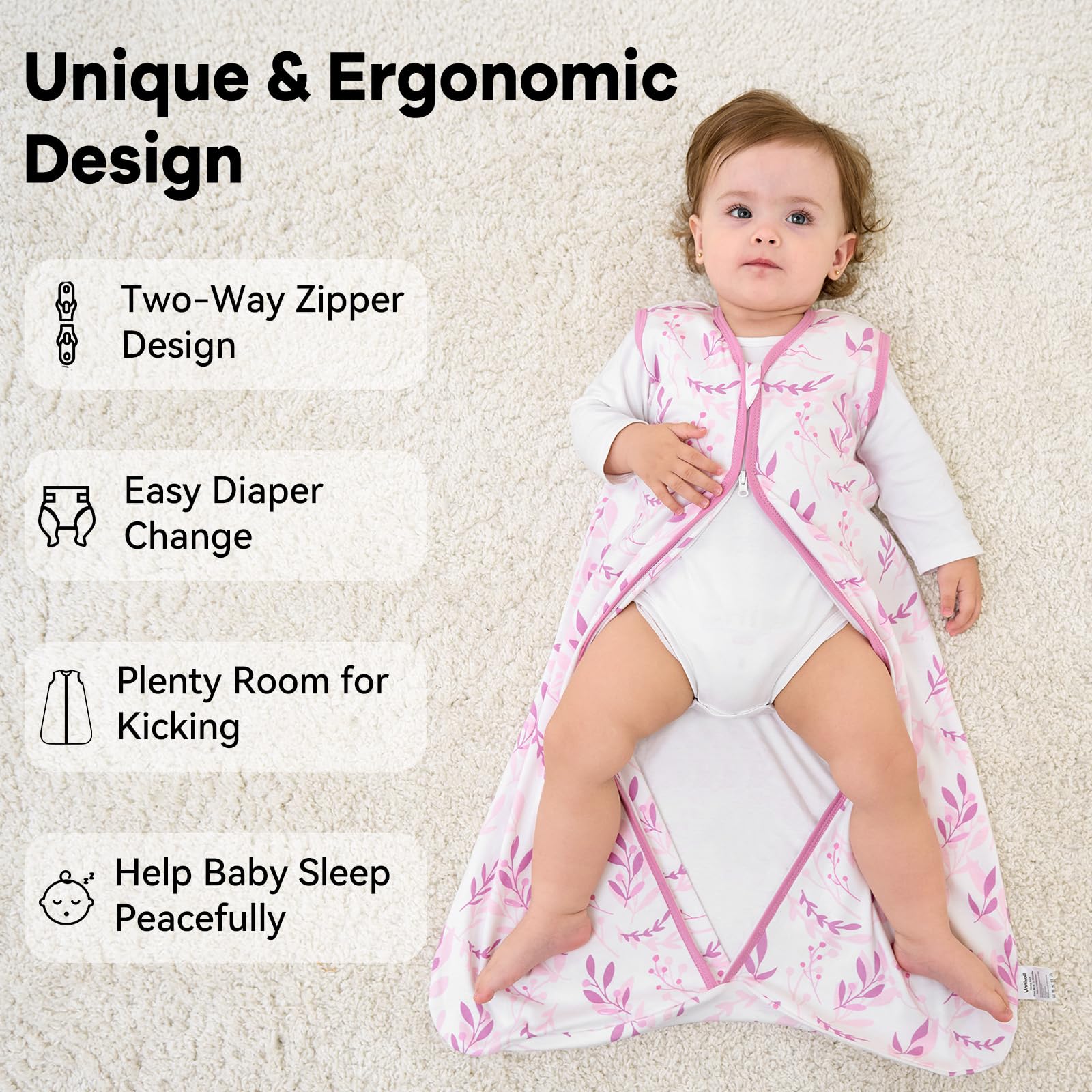Unnivoll sleep sack worn by toddler in bed showing roomy fit