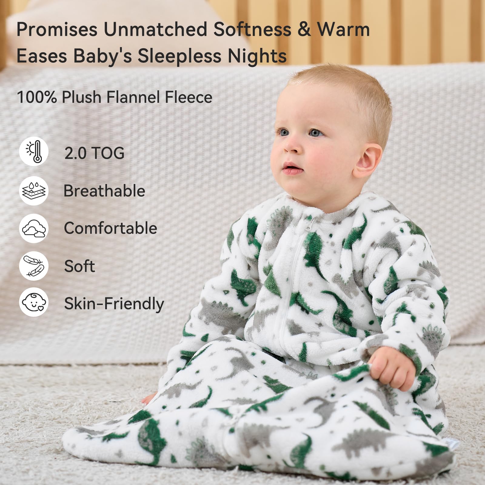 Unnivoll sleep sack interior fleece provides soft, cozy warmth for toddler nights.