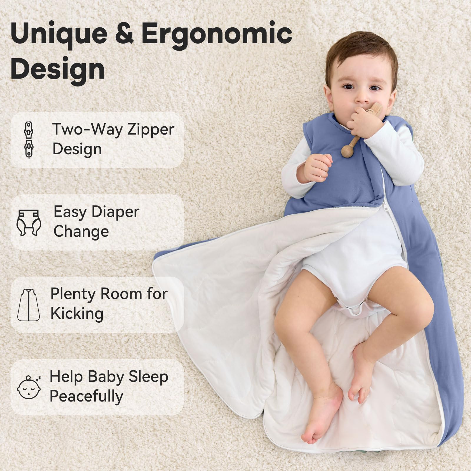 Unnivoll sleep sack safety neckline demonstrates non-slip design and zipper protection