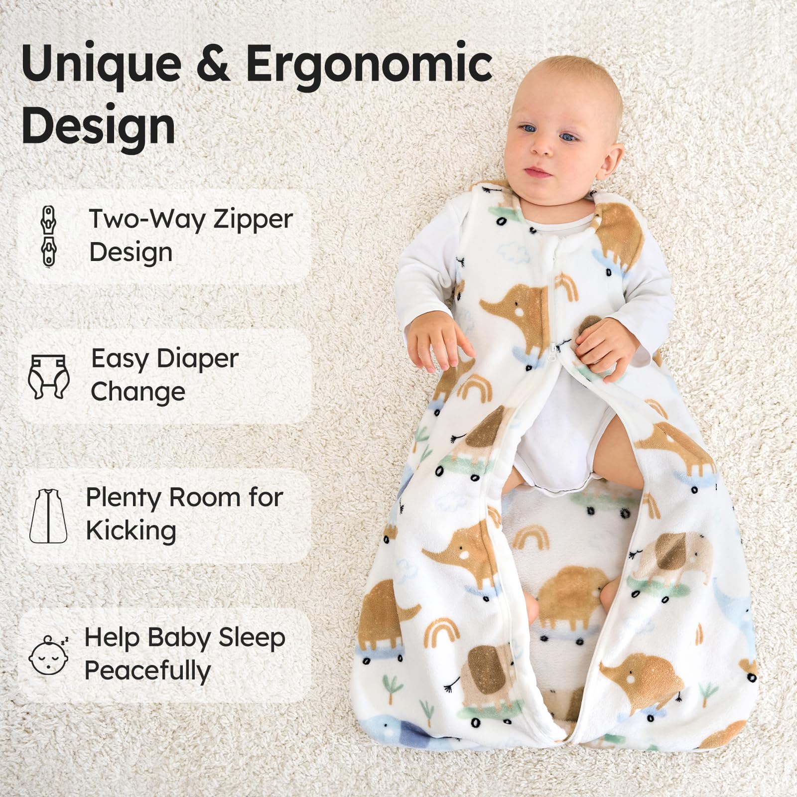 Unnivoll sleep sack roomy fit demonstrates space for kicking and arm movement.