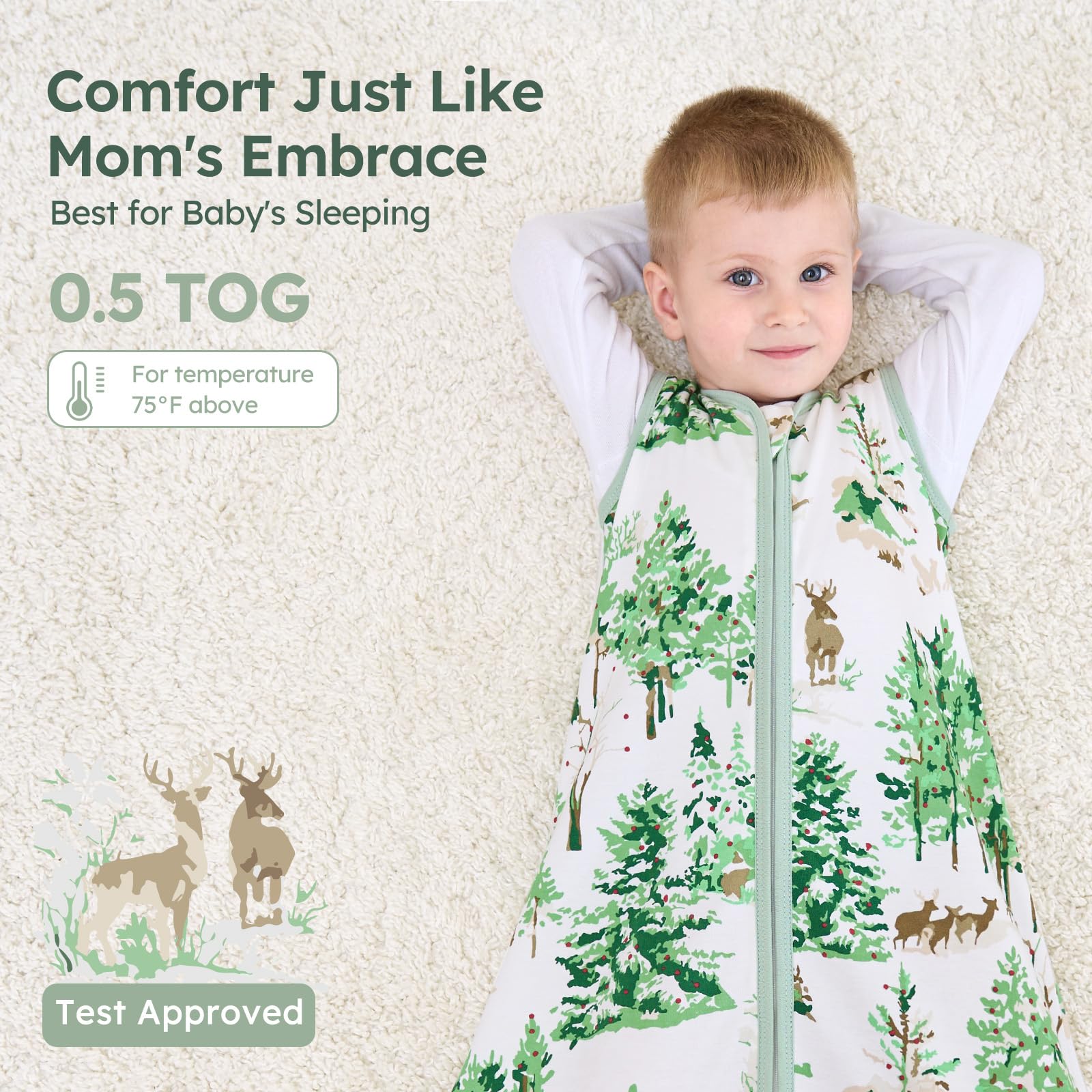 Unnivoll sleep sack size-chart green indicates four-age range options.