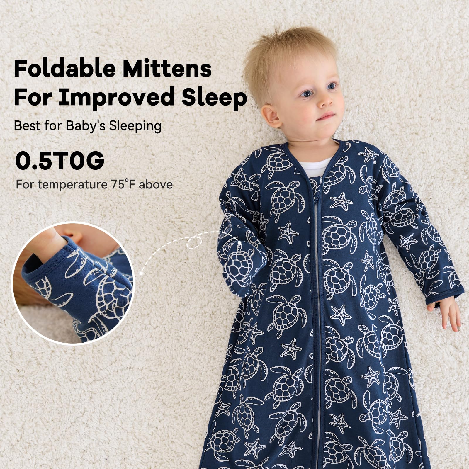 Size chart graphic for Unnivoll sleep sack growth from 0-24 months