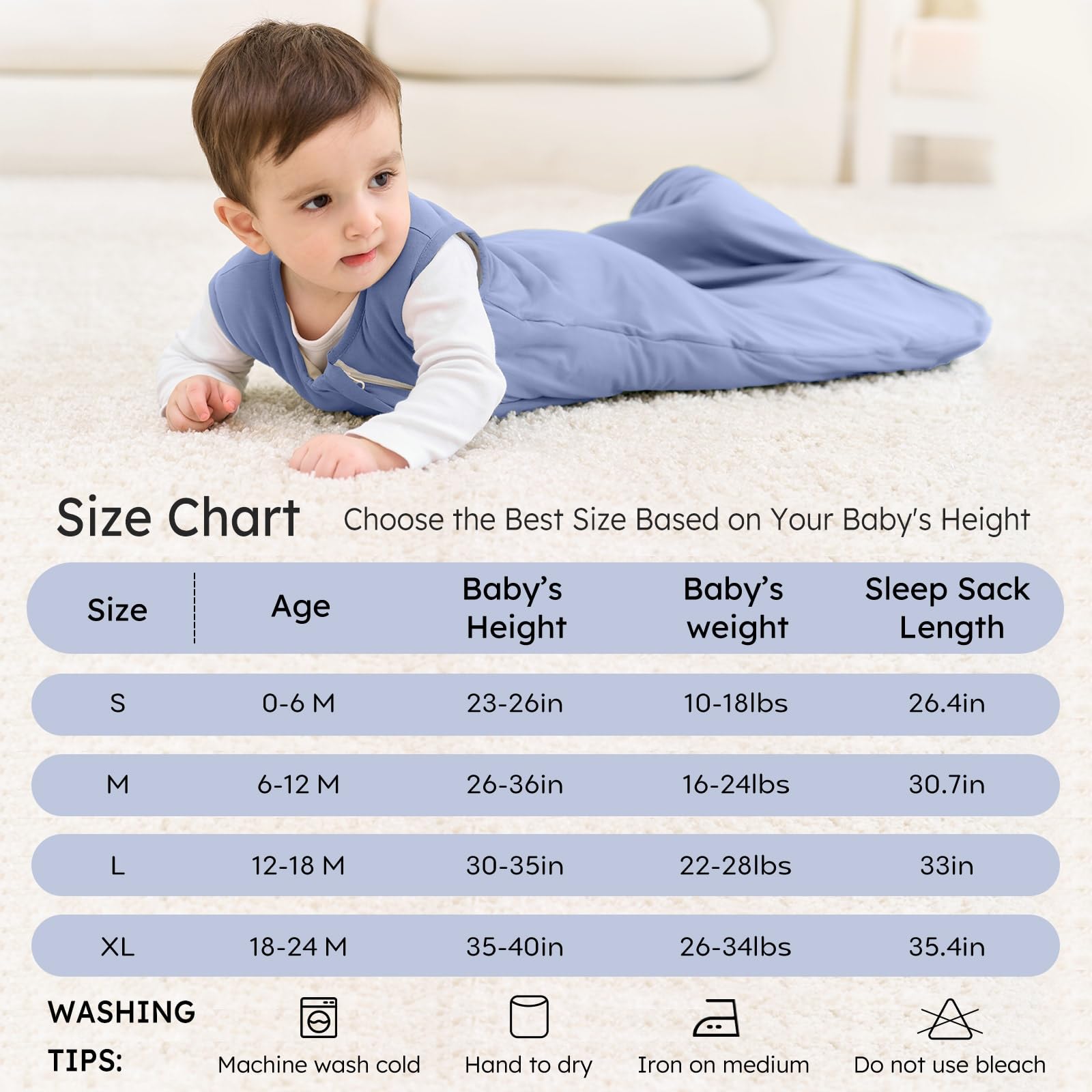 Unnivoll sleep sack size chart explains age-appropriate fits for growing babies