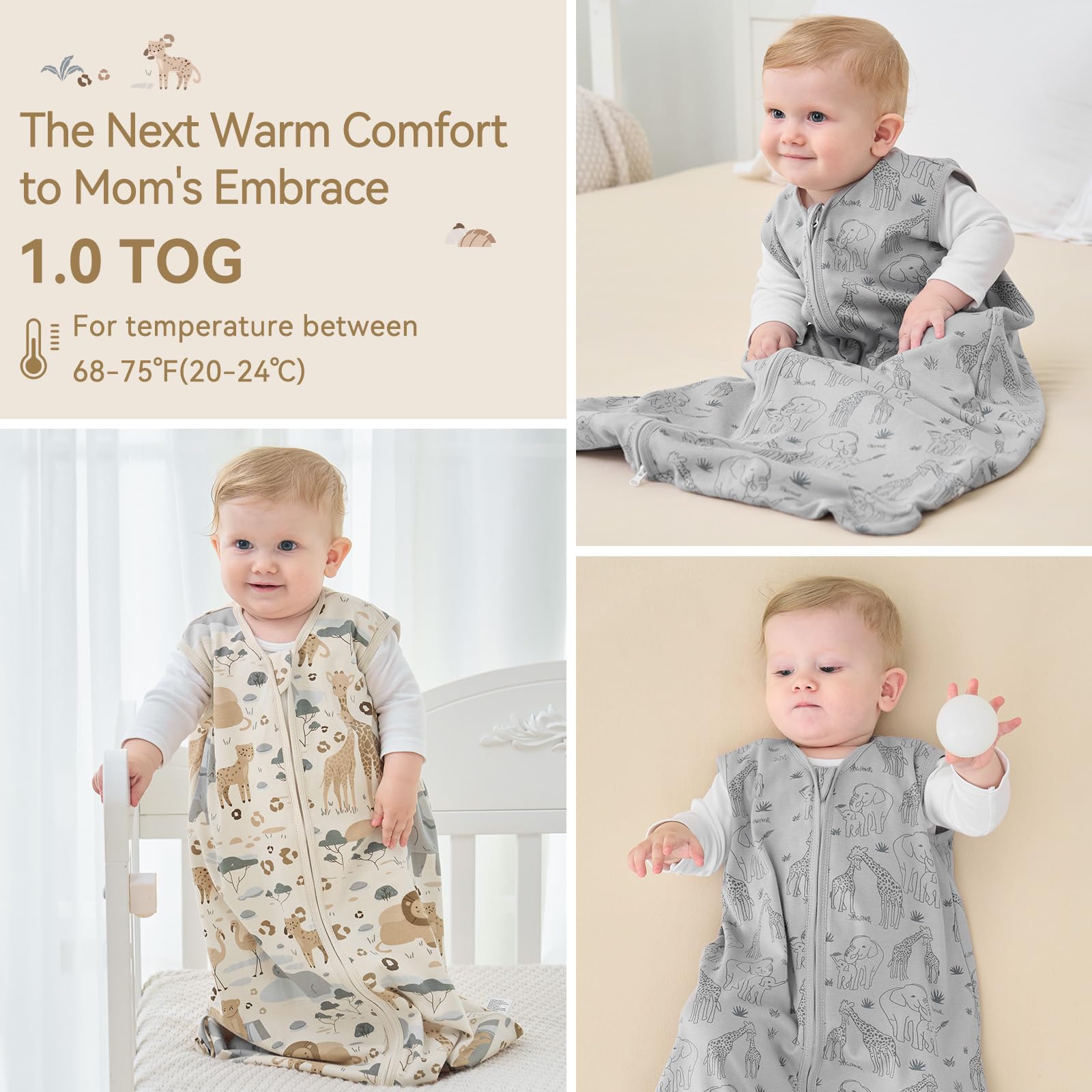 Unnivoll wearable blanket available in sizes to fit growing babies.