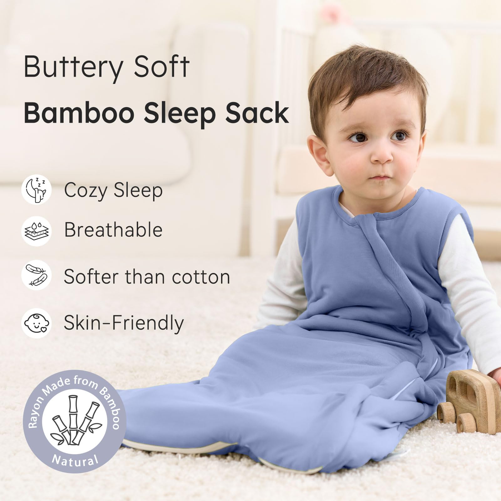 Unnivoll sleep sack haze blue two-way-zip close-up enables quick night diaper changes