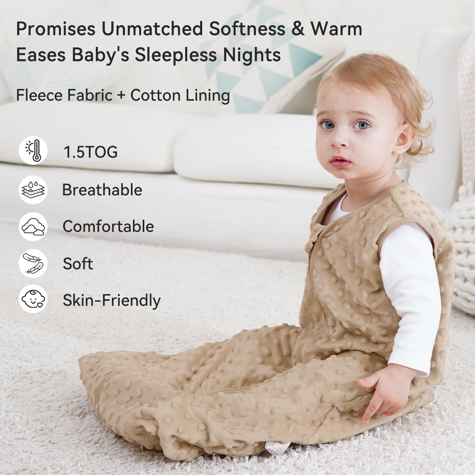 Unnivoll fleece sleep sack two-way zipper in coffee enables easy nighttime diaper changes