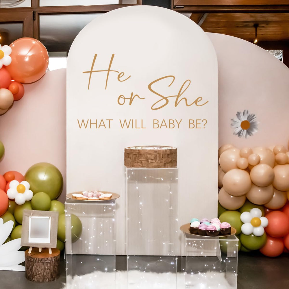 Unonede He Or She gender reveal wall decal backdrop for a photo-ready balloon arch moment.