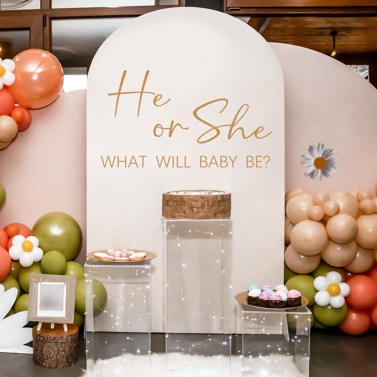 Unonede He Or She gender reveal wall decal backdrop for a photo-ready balloon arch moment.