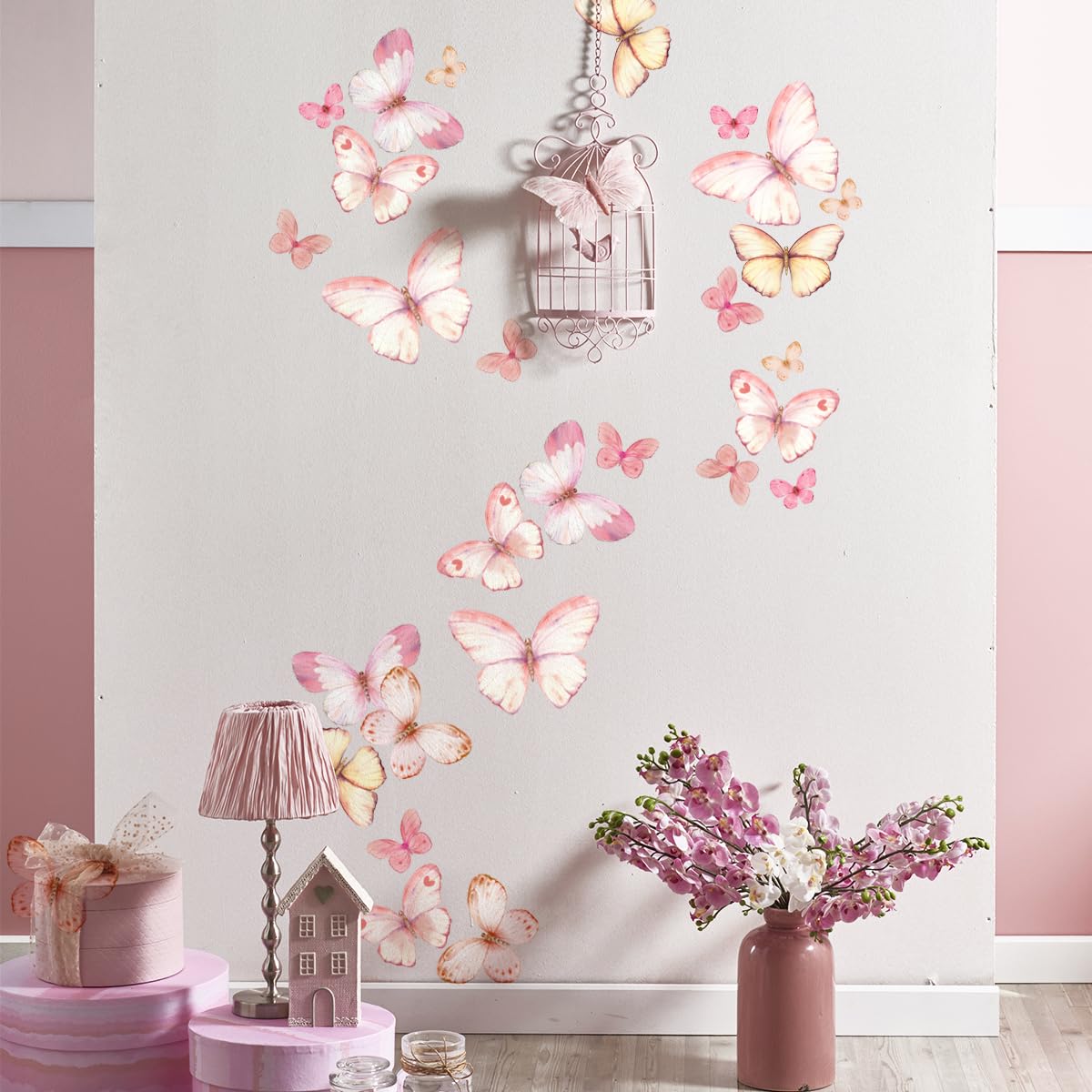 Unonede Pink Butterflies wall decal packaging close-up showing durable, safe materials.