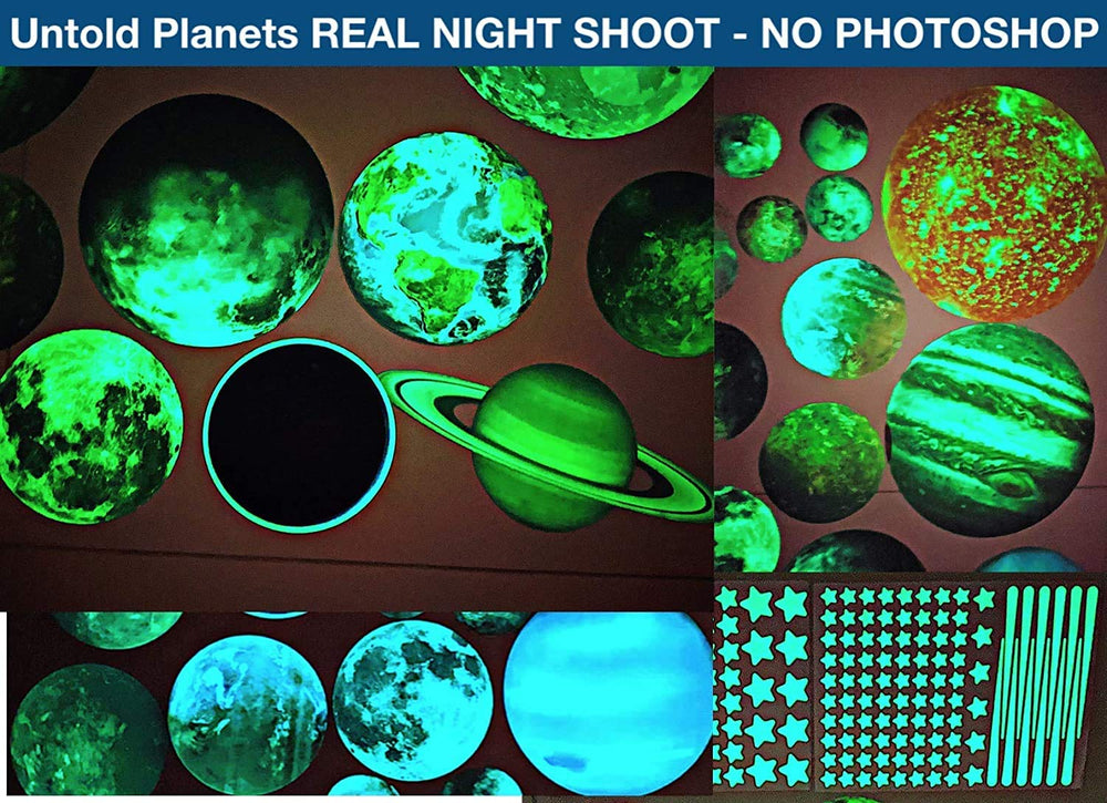 UNTOLD PLANETS solar system stickers on walls create a classroom-style space map.