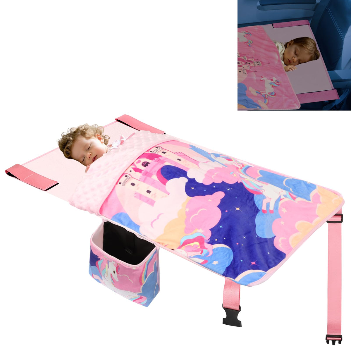 Untree airplane bed for toddler in seat showing hands-free travel comfort