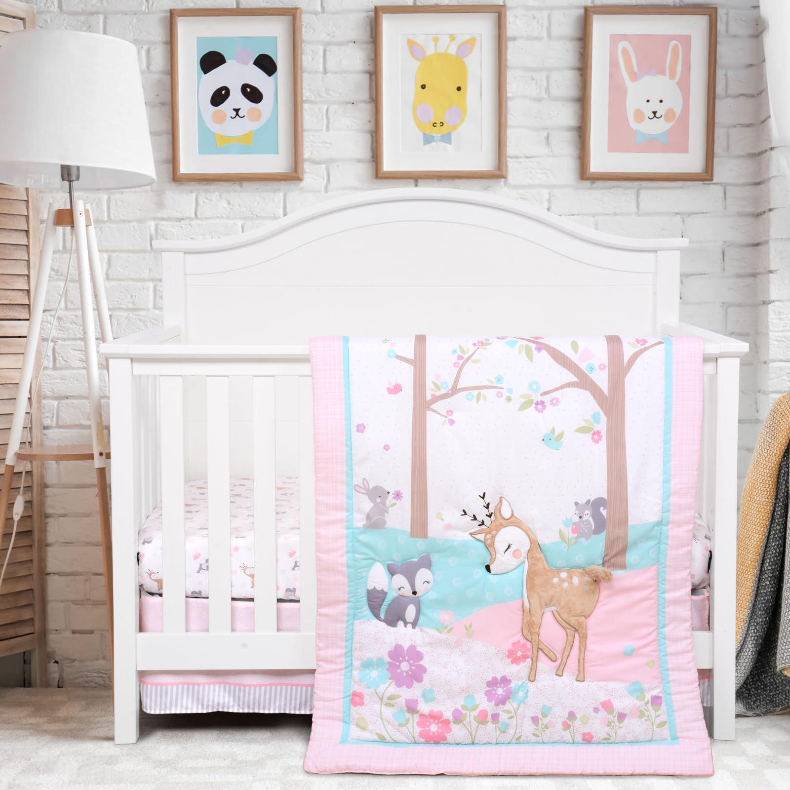 UOMNY crib bedding forest deer fox design creates cozy woodland sleep ambience.