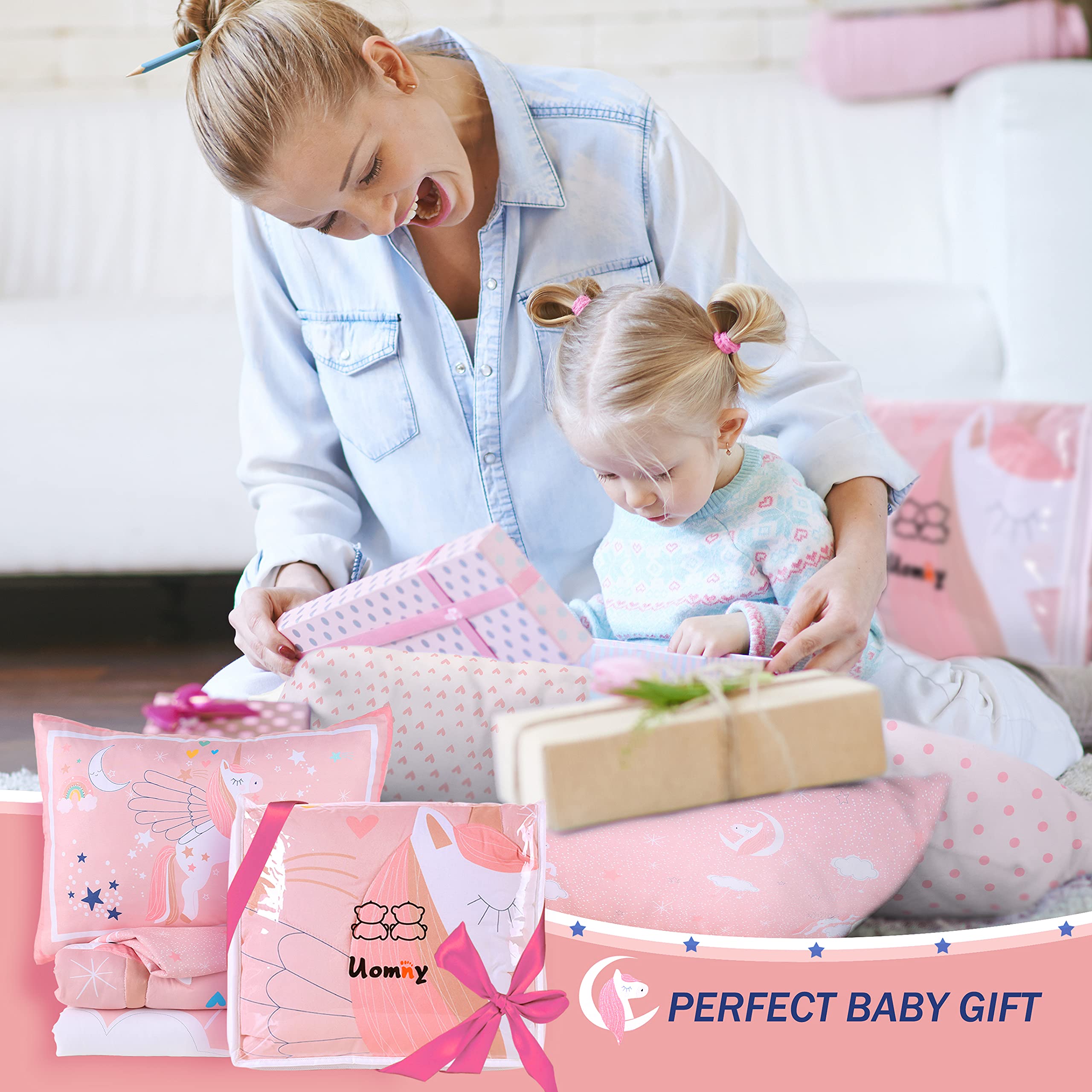 UOMNY pink printed nursery decor featuring hearts, stars, and rainbow for playful style.