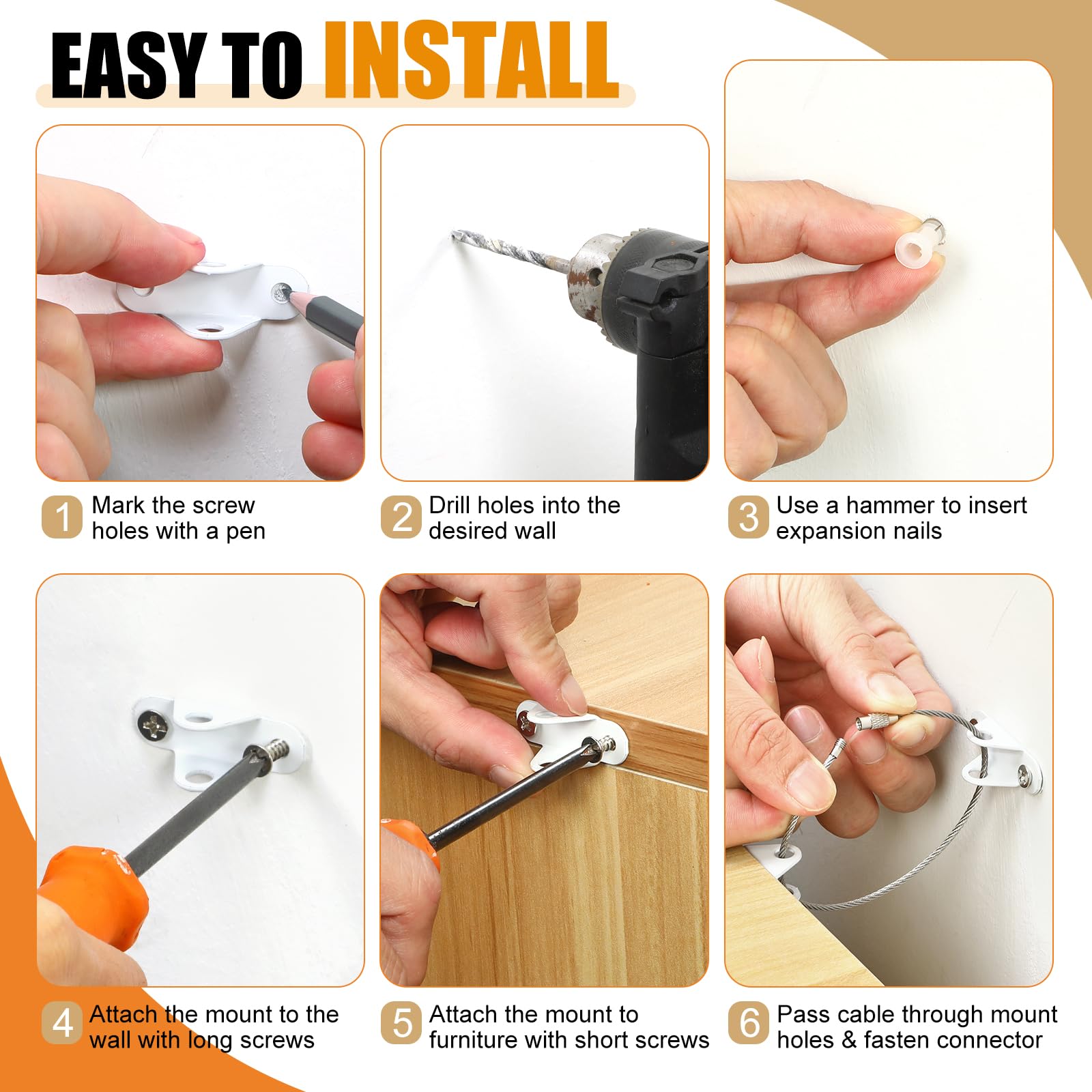 Uordirya anti-tip straps include hardware for quick, complete installation.