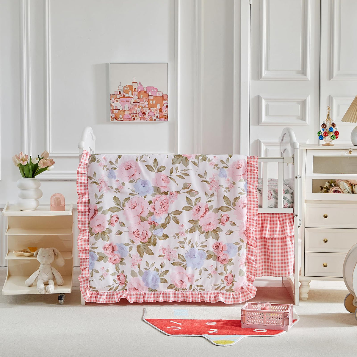 UOZZI Bedding 3-piece flowers crib bedding comforter with ruffle for cozy naps