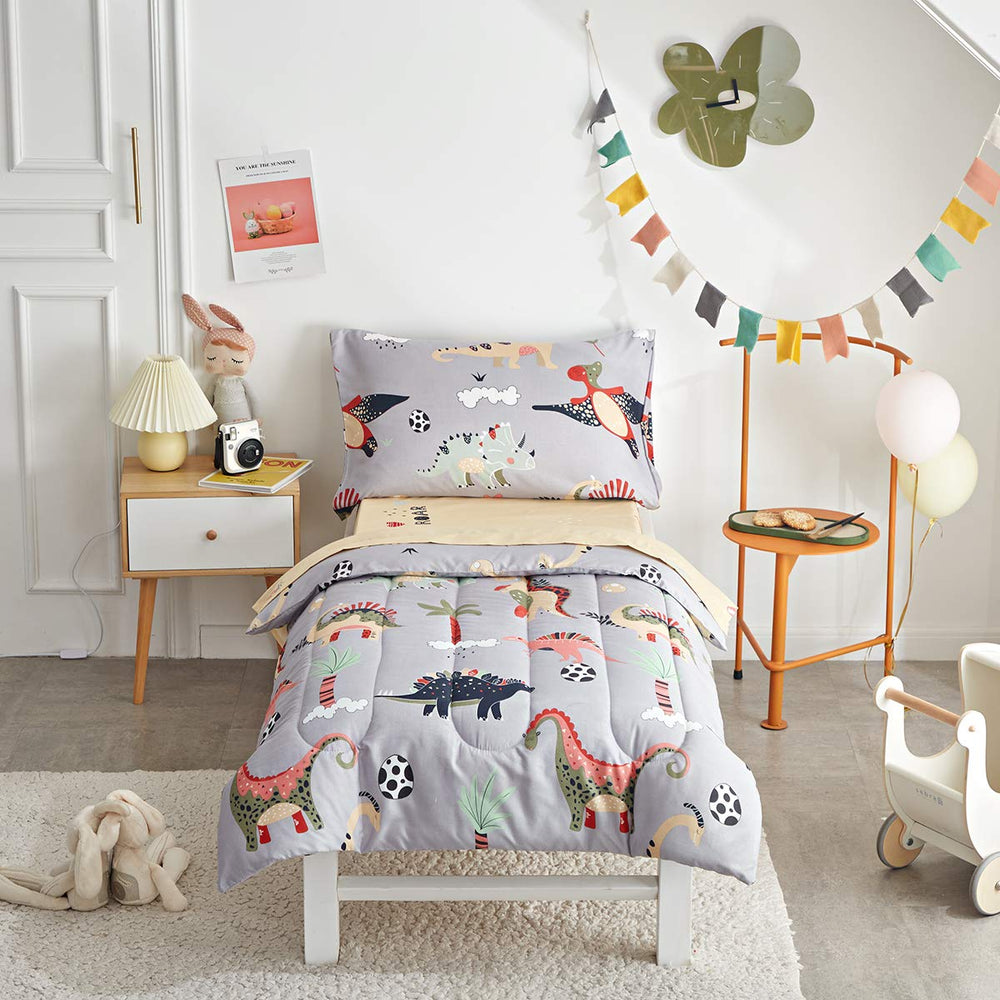 UOZZI BEDDING 4-piece gray dinosaurs comforter shows soft microfiber for cozy toddler sleep.