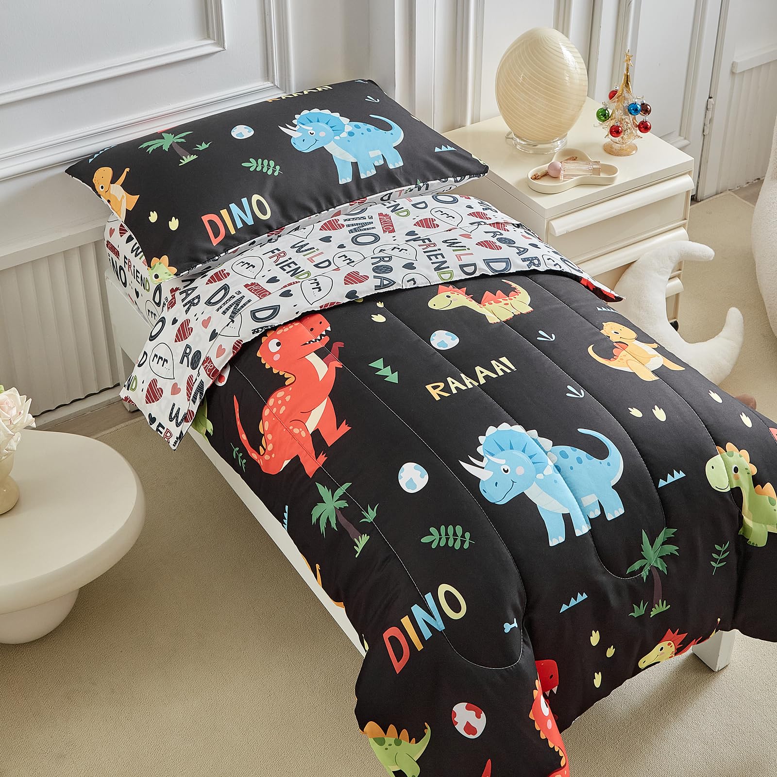 UOZZI BEDDING dinosaur bed setup image showcases easy care and quick changes.