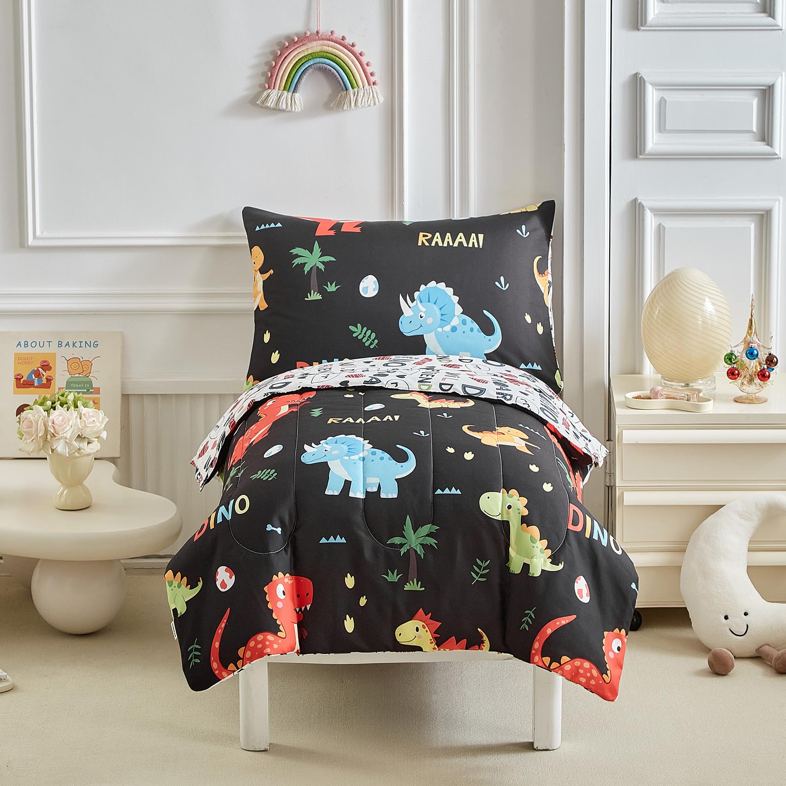 UOZZI BEDDING dinosaur comforter close-up shows plush texture ideal for cuddly nights.