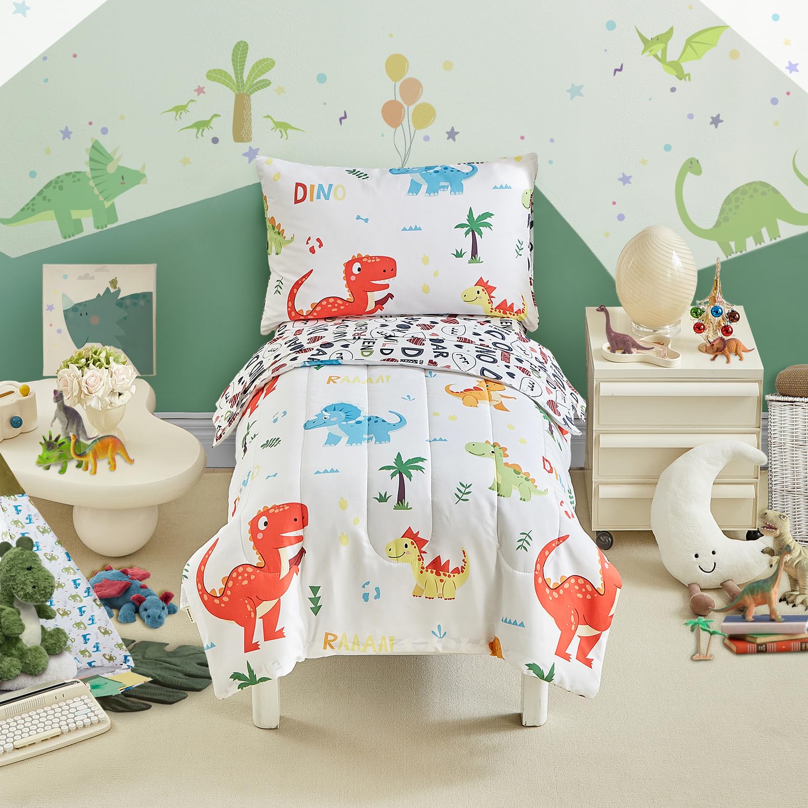 UOZZI Bedding dinosaur comforter front view showcases playful orange dinos for bedtime fun
