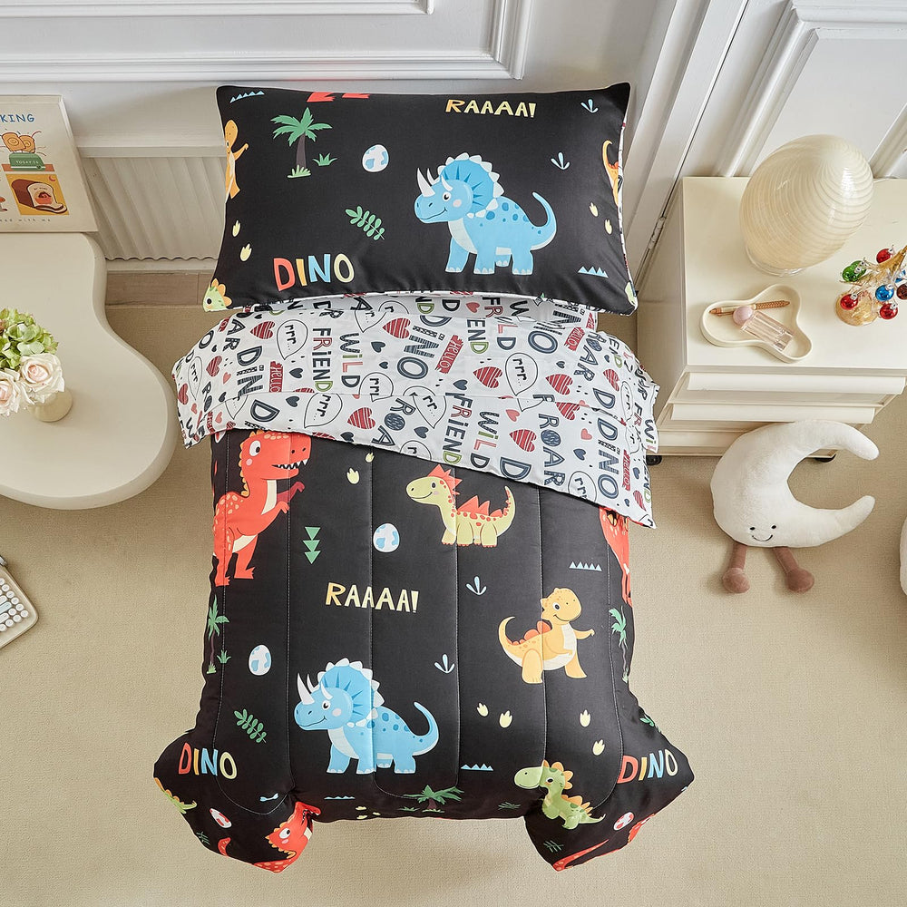 UOZZI BEDDING dinosaur design brightens a toddler bed with kid-friendly decor.