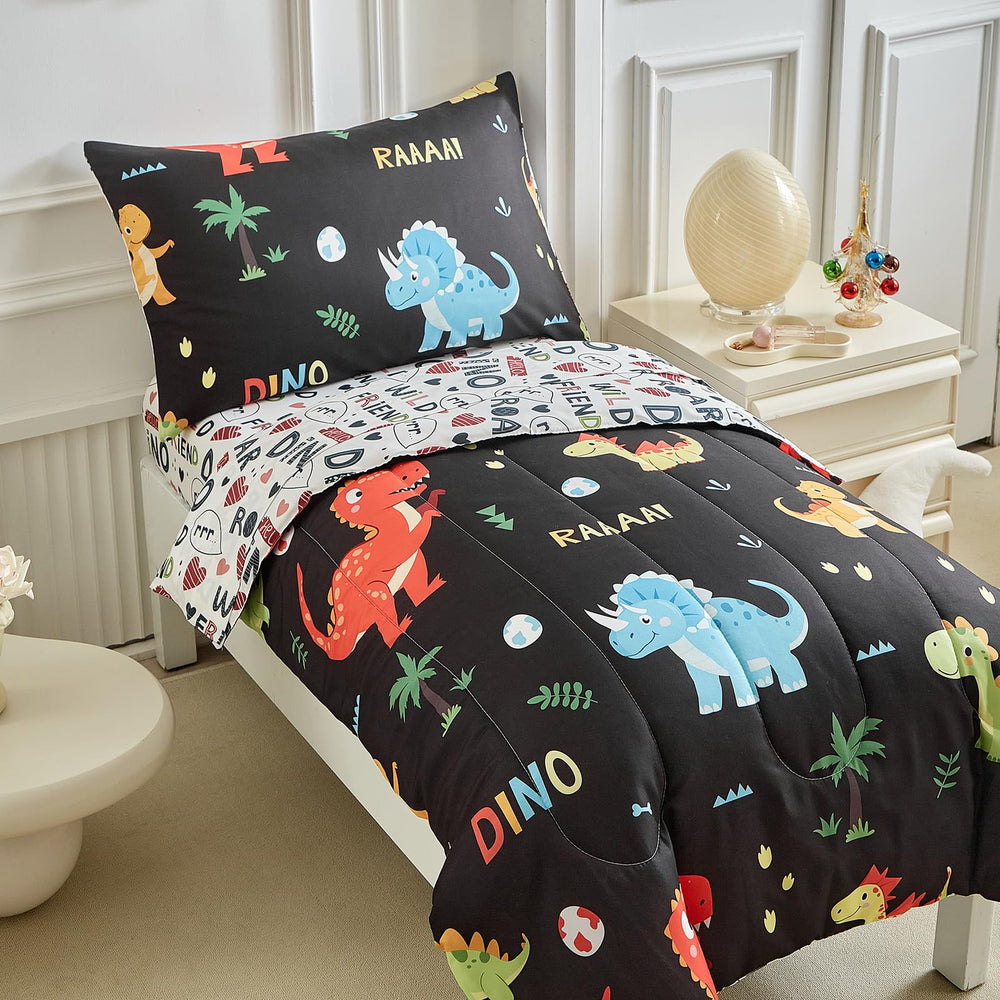 UOZZI BEDDING dinosaur fitted sheet demonstrates standard toddler bed compatibility.