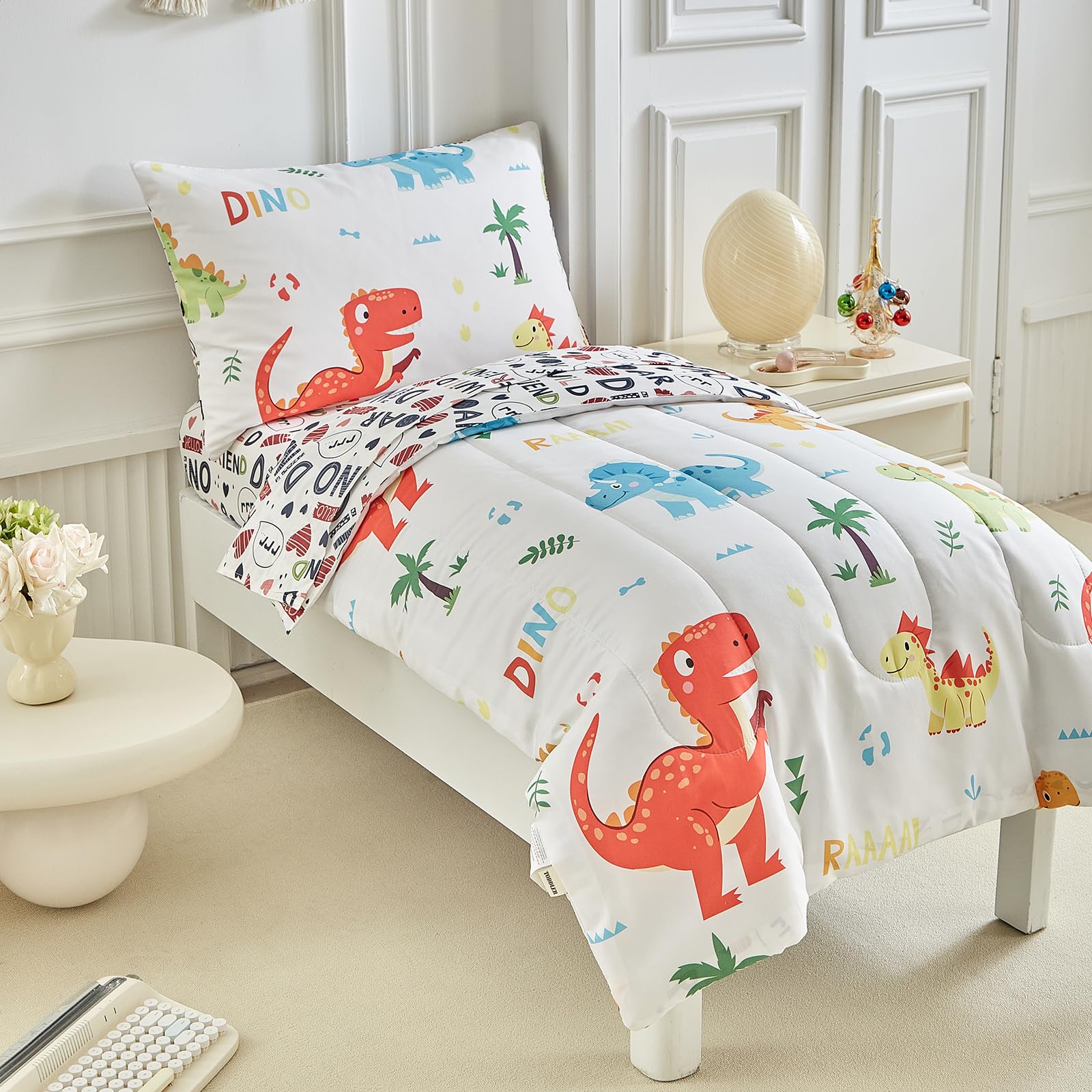 UOZZI Bedding dinosaur flat sheet displays colorful print for coordinated room look