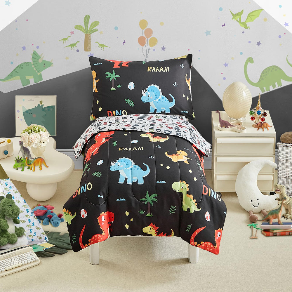 UOZZI BEDDING dinosaur toddler set packaging highlights ultra-soft microfiber for cozy sleep.