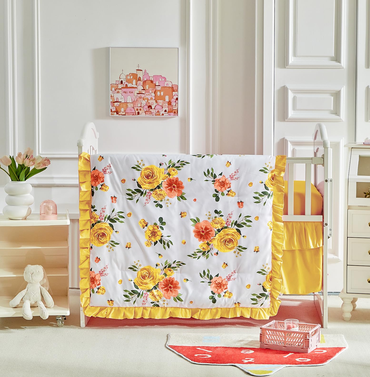 UOZZI BEDDING flowers crib bedding set with ruffle, cozy nursery design and easy care