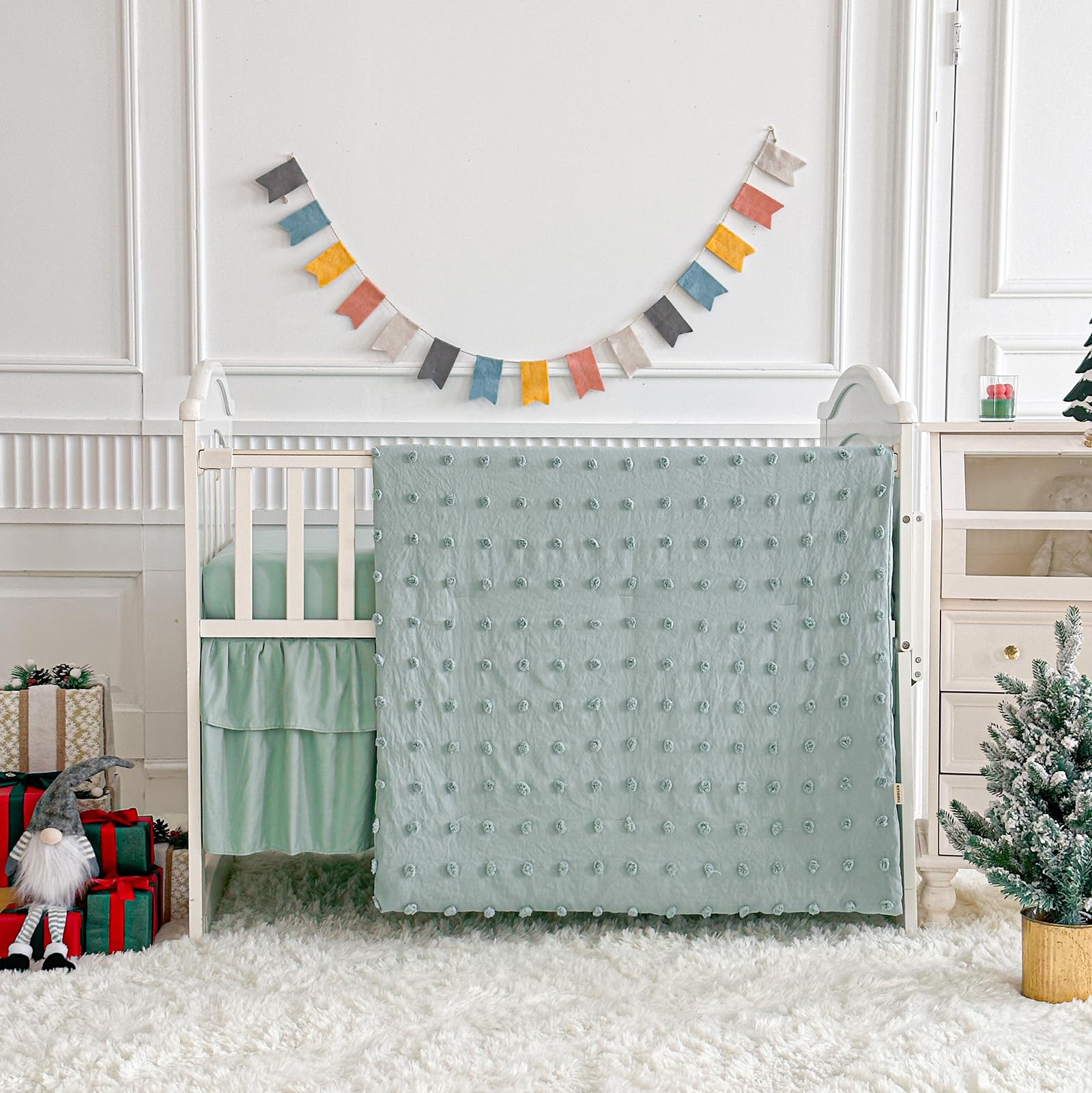 UOZZI BEDDING green crib bedding set shows a calm, cozy sleep-ready nursery.