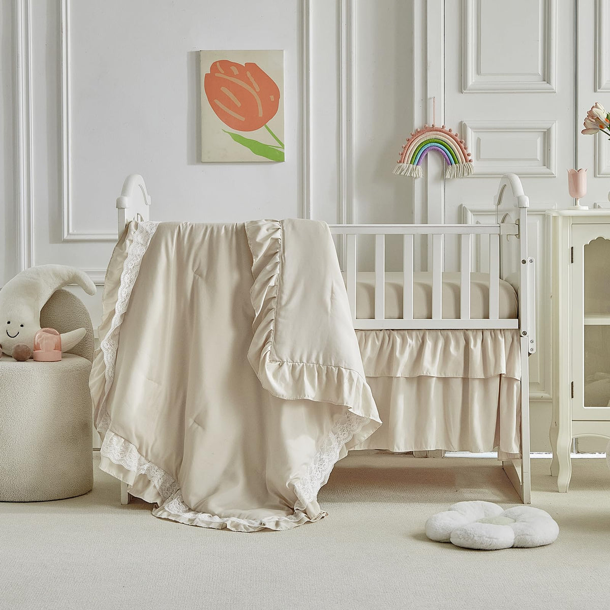 UOZZI Bedding lace-ruffle crib comforter soft touch for cozy naps
