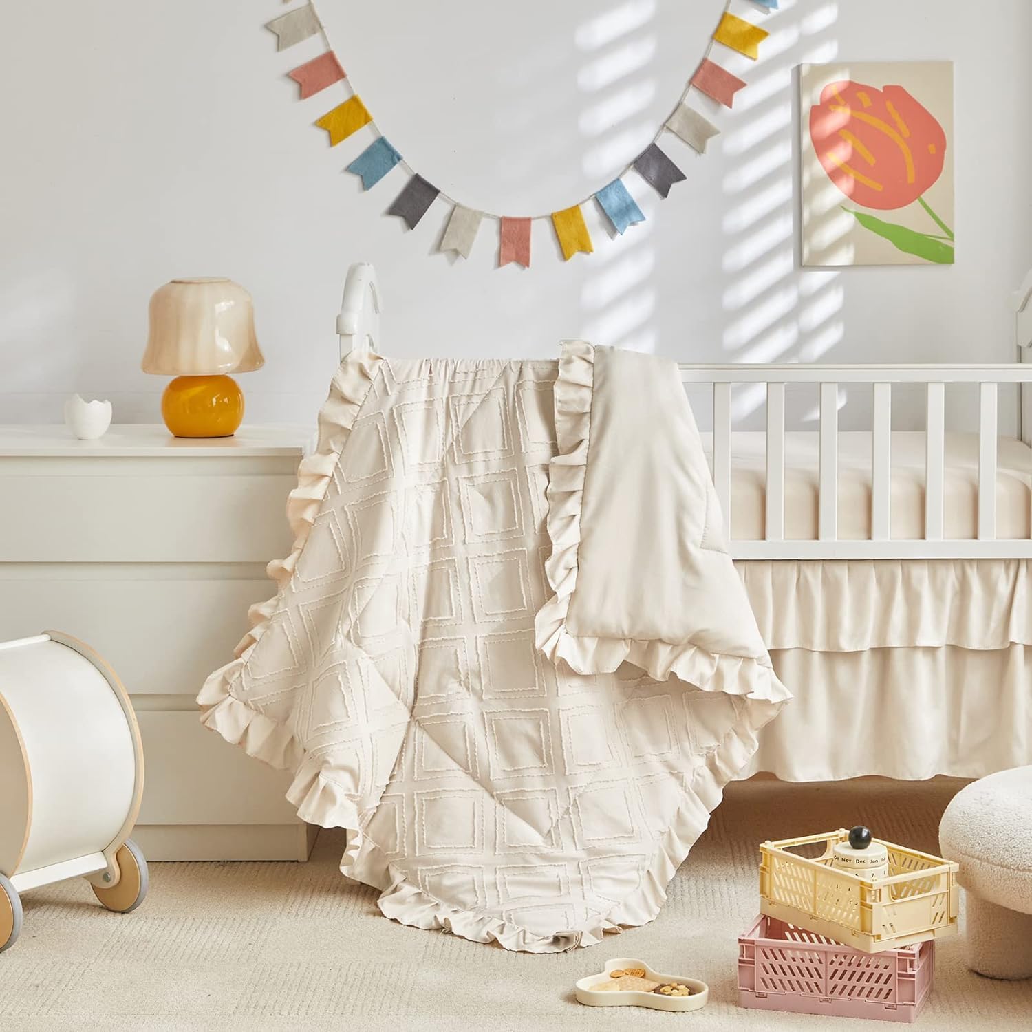 UOZZI BEDDING mini crib comforter tufted edge ruffle accent.