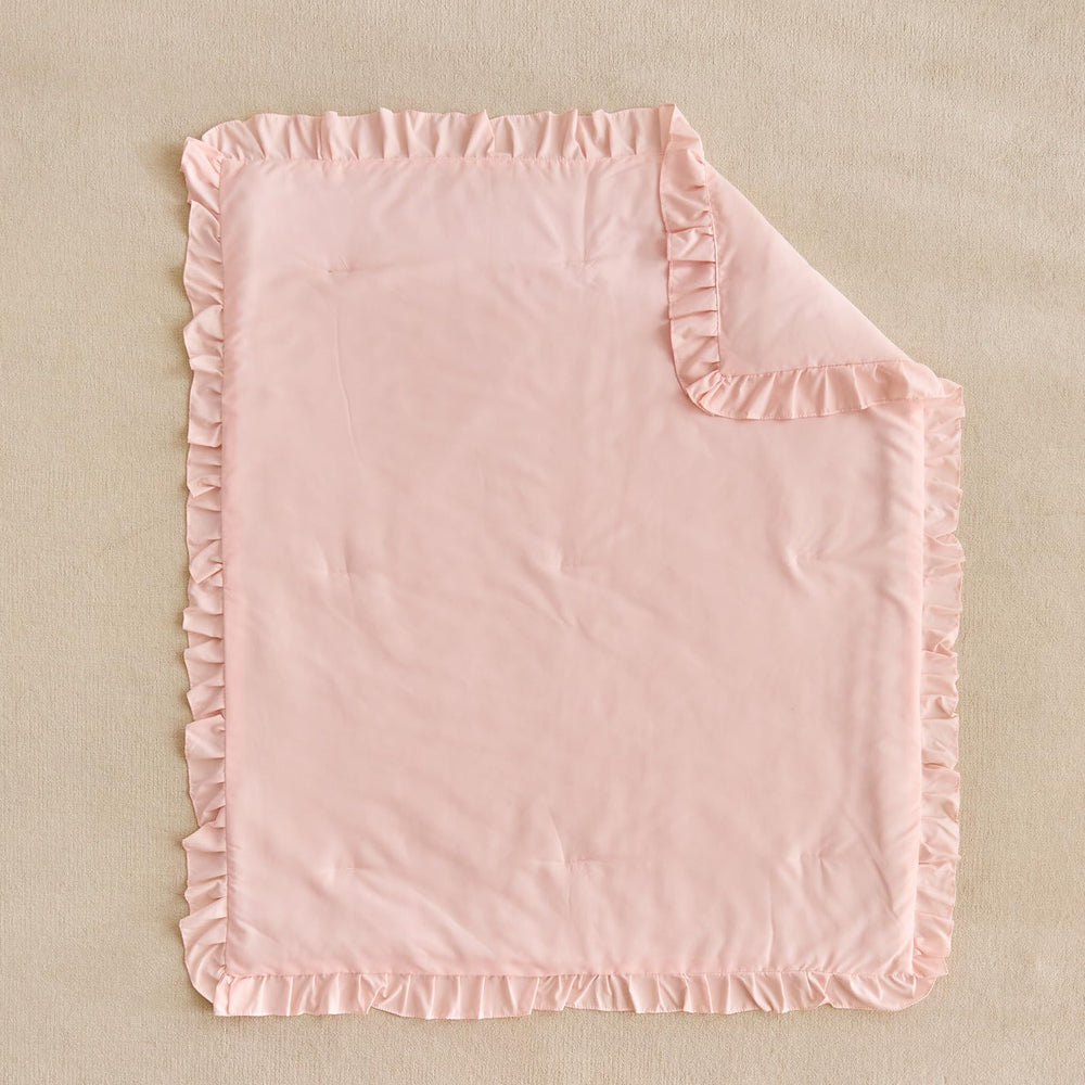 UOZZI Bedding packaging includes ruffled comforter in light pink