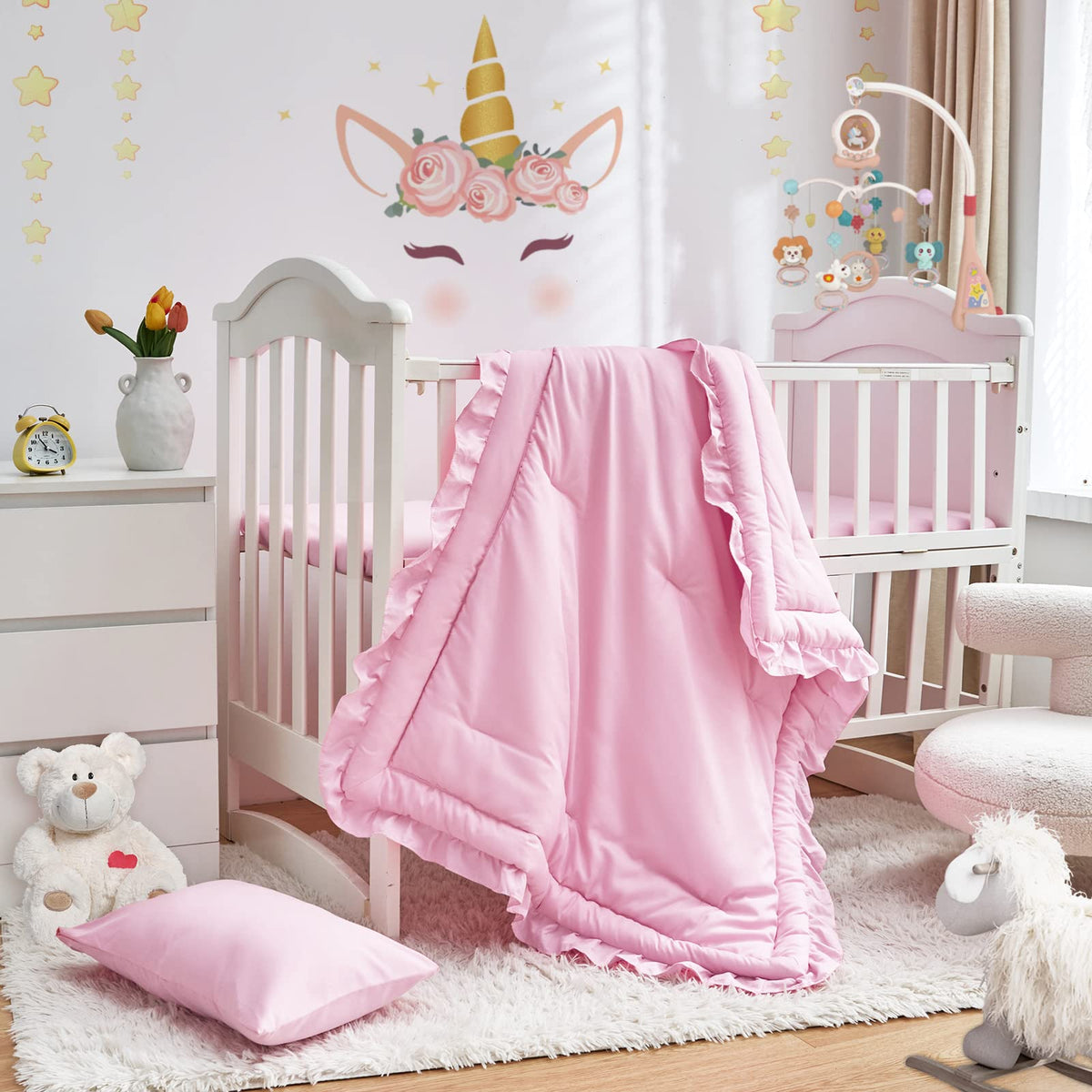 UOZZI BEDDING pink-ruffle-quilted-comforter for cozy crib nights.