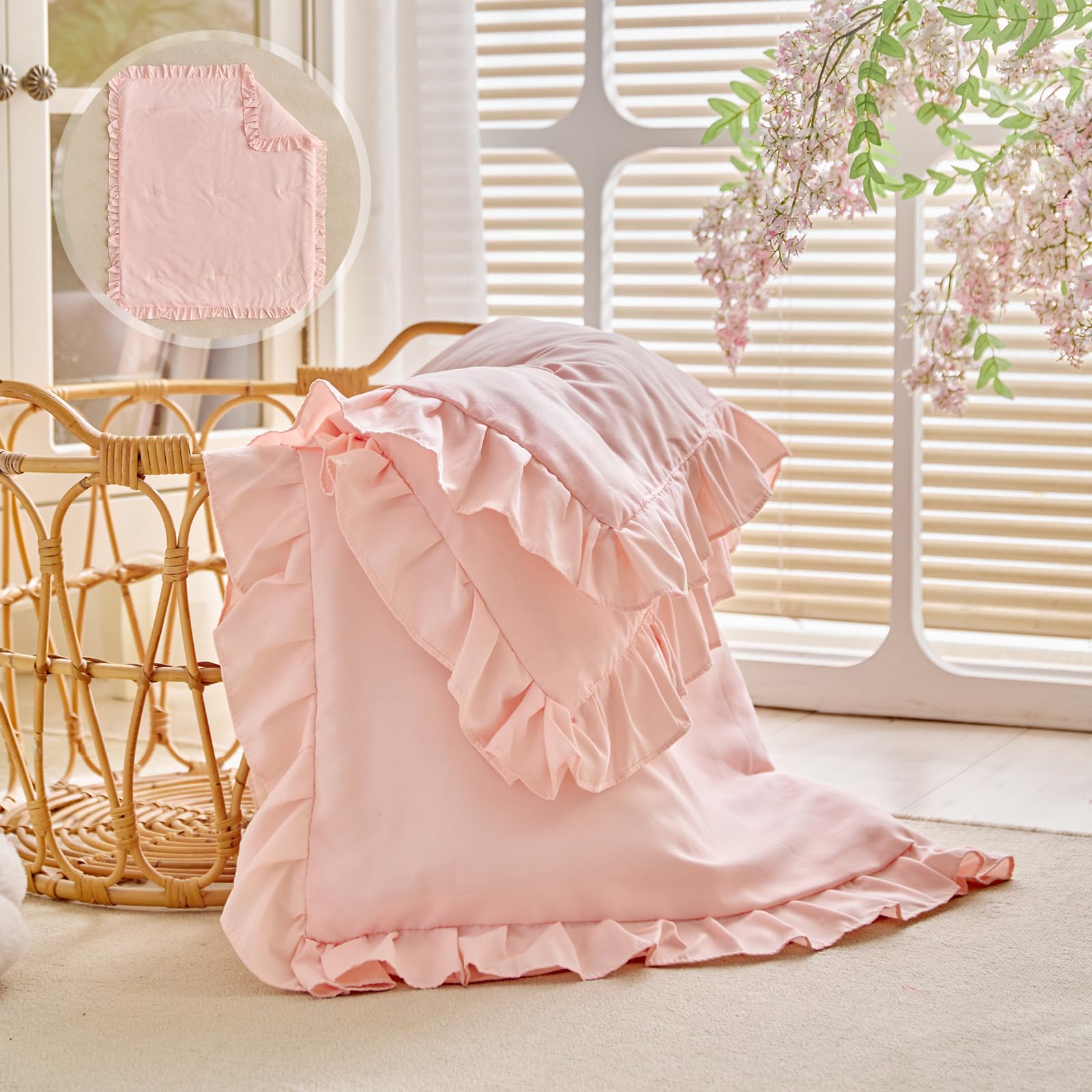 UOZZI Bedding ruffled comforter on crib displays 39x47 size for all season comfort